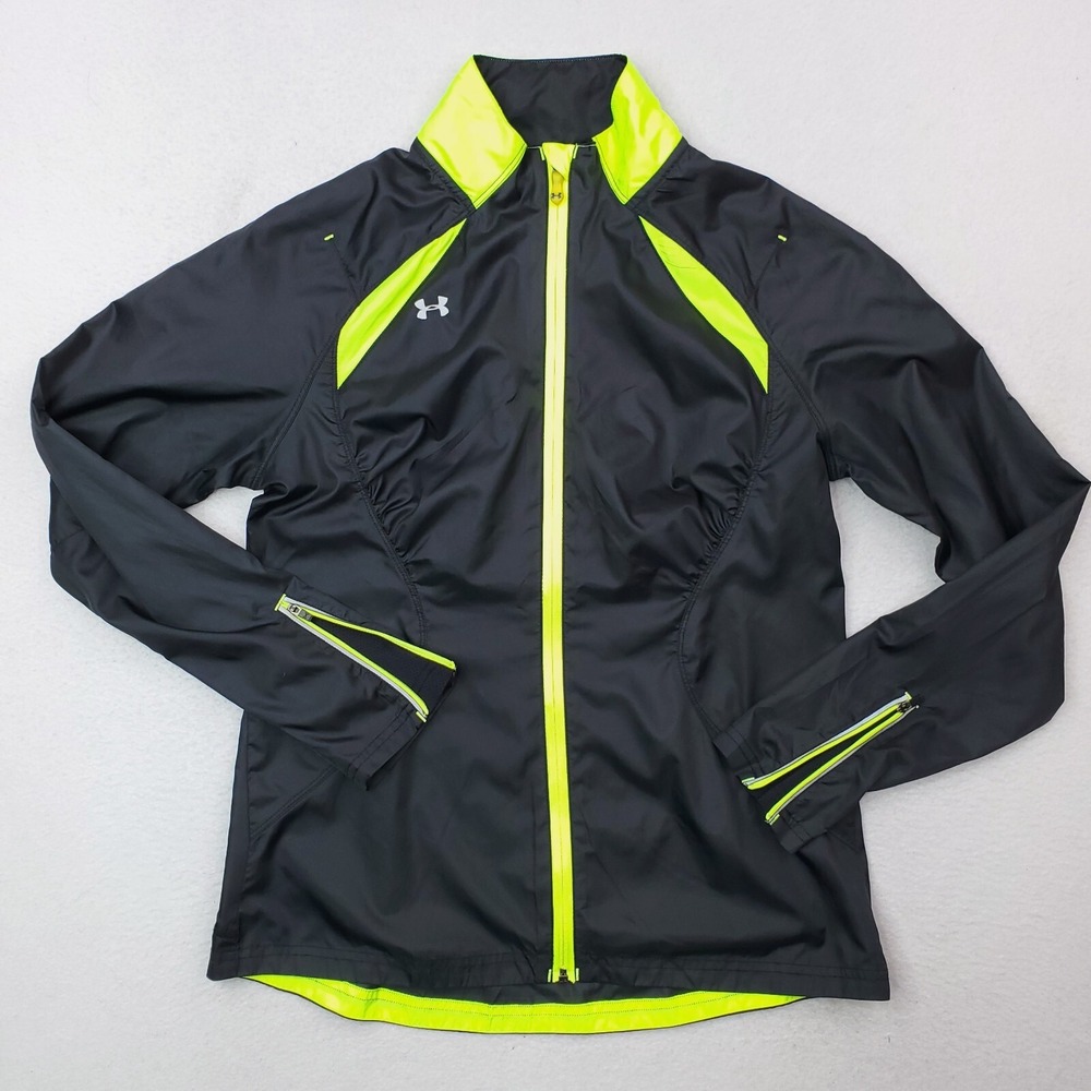 Under Armour Jacket Womens Small Black Yellow Windbreaker Lightweight Running
